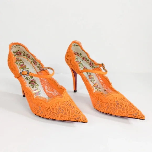 GUCCI Orange Virginia 95 mm Lace Pumps Mary Jane Pointed Toe Women's EU 37 US 7 - Picture 2 of 11